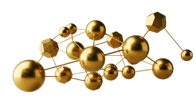 Golden spheres, cubes, polyhedra, varied finishes, interconnected in pristine studio, soft lighting, shallow depth, concept of financial innovation.