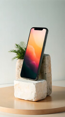 Modern Smartphone Display with Abstract Wallpaper on Stone Pedestal Beside Green Potted Plant Ideal for Tech Product Mockups and Digital Art