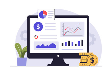 Financial Dashboard on Computer Screen Illustration. Vector Flat Illustration