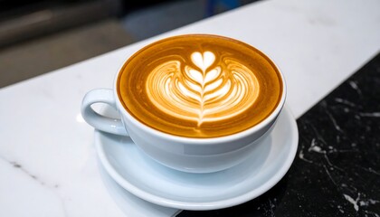 Latte art in a large white mug, sits on a saucer on a marble surface