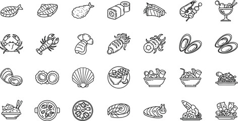 Vector icon sheet of various seafood dishes and ingredients, , showcasing a diverse range of culinary options from around the world