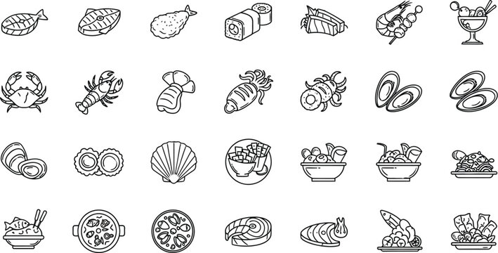 Vector icon sheet of various seafood dishes and ingredients, , showcasing a diverse range of culinary options from around the world
