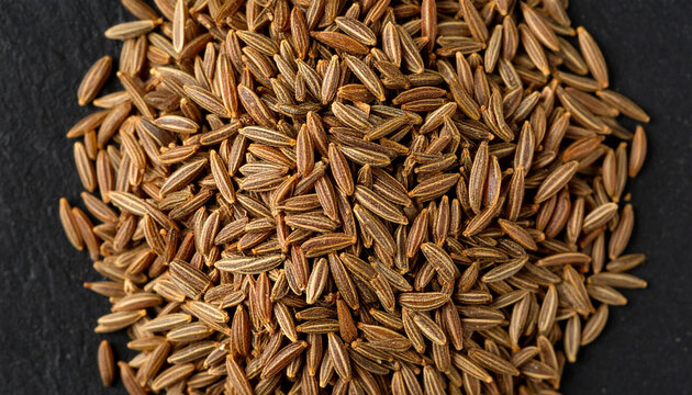 A close-up view of a pile of cumin seeds, showcasing their oblong shape, light brown color, and textured surface against a dark background.