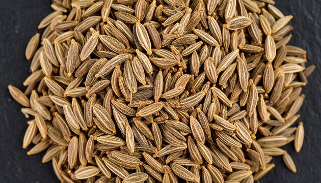 Close-up view of a pile of cumin seeds, showcasing their oblong shape, light brown color, and subtle ridges.