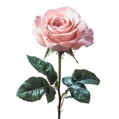 one pink rose with leaves in full growth on transparent background.