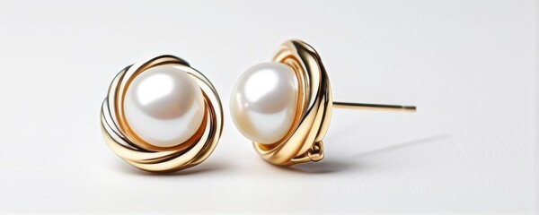 Elegant Pearl and Gold Earrings on White Background