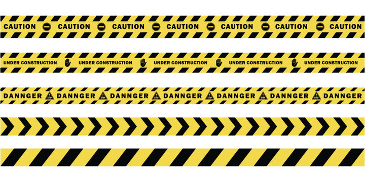 Yellow and black Caution tape set, containing danger tapes. Warning tape, under construction tapes and more vector illustration