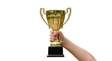 Photo of hand holding a golden trophy isolated on transparent background to celebrate success