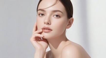 Caucasian woman with clean skin and updo hairstyle gently touching her face