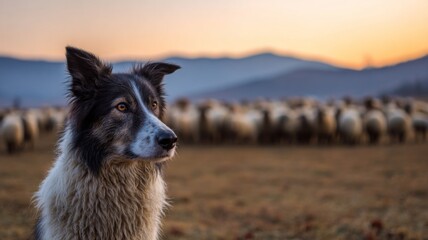 Fototapeta premium A border collie stands alert, overseeing a flock of sheep as the sun sets behind the mountains.