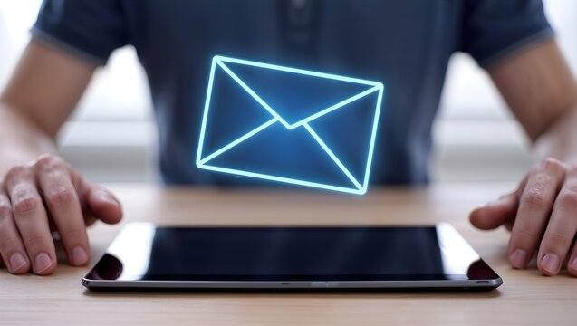 Man sending email with glowing envelope hologram above tablet