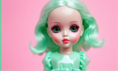 Mint Green Doll Portrait Against Pink Background