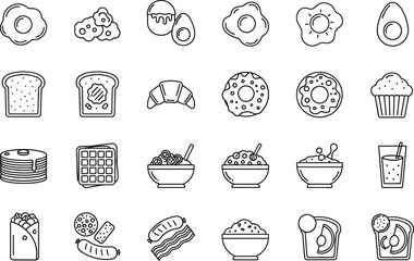 Vector icon sheet of breakfast food icons featuring eggs, toast, pancakes, waffles, and other morning meal staples for a delicious start to the day