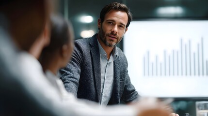 Businessman presenting financial chart in a corporate meeting room