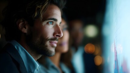 Fototapeta premium Business team analyzing market trends with sharp screen lighting