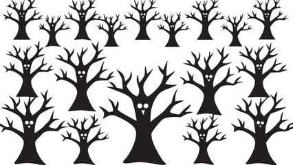 Spooky Trees with Faces Halloween Forest Black and White Illustration