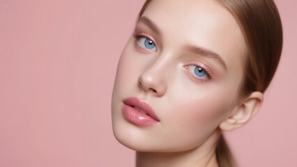 Fototapeta premium Caucasian woman with pink eyeshadow and glossy lips on a pink background