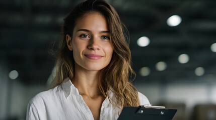 Confident businesswoman holding clipboard in a warehouse setting