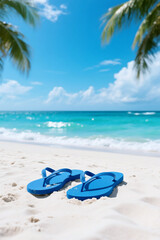 Tropical Escape: Blue Flip-Flops on a Sunny Beach
