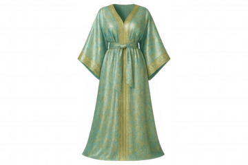 Studio shot of a beautiful, flowing silk kaftan dress with intricate gold embroidery, isolated on a transparent background, perfect for fashion and apparel projects