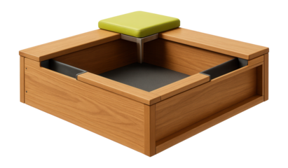 Square wooden sandbox with a corner seating area and toy storage compartments