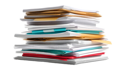 Messy pile stack of unorganized business documents papers with busy workflow office isolated on transparent background