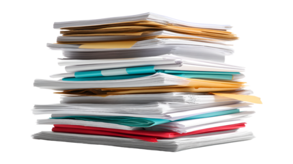 Messy pile stack of unorganized business documents papers with busy workflow office isolated on transparent background
