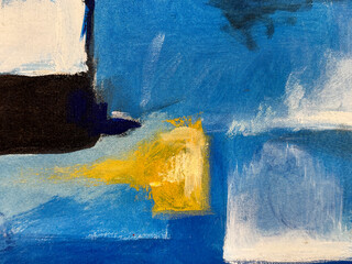 Close up of painting in random abstract pattern, in blue, white, and yellow paint color. Suitable for artwork and art decoration. Seamless background texture