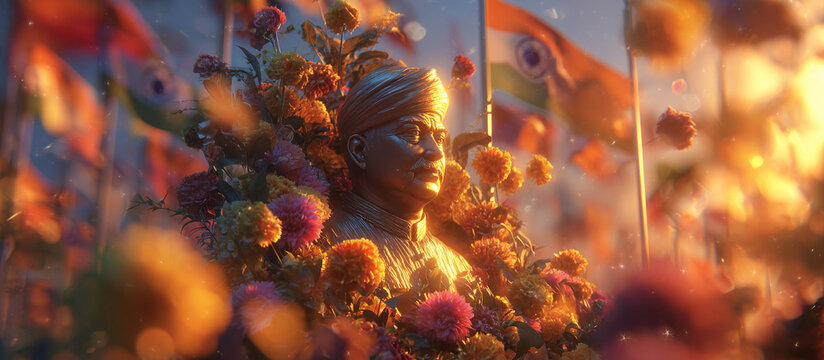 Lal Bahadur Shastri Jayanti, Shastri portrait framed in flowers, lit by golden hour sunlight, bokeh background of waving flags
