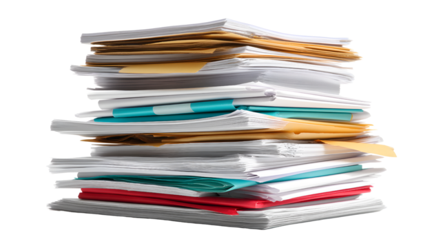 Messy pile stack of unorganized business documents papers with busy workflow office isolated on transparent background