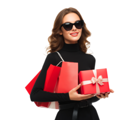 Beautiful Woman carries shopping bags isolated on a transparent background. perfect for black Friday sales discounts offers ad concept