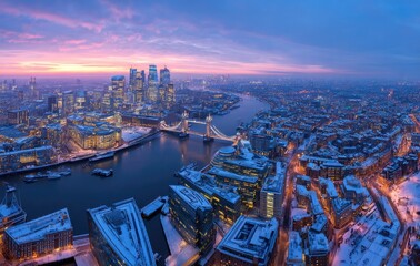 Panoramic winter sunrise over London's skyline, snow-covered buildings and river