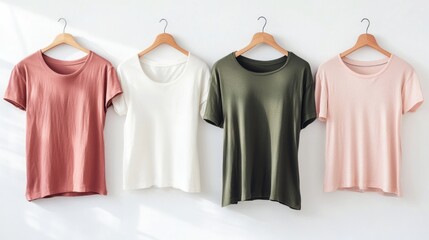Four Blank T-shirts on Hangers Against a White Wall