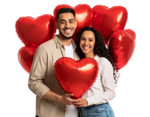 Happy couple standing close holding shiny red heart balloons isolated on transparent background PNG