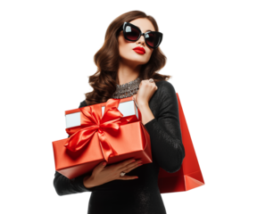 Elegant young woman in black dress carrying shopping bags isolated on a transparent background. perfect for black Friday sales discounts offers ad concept