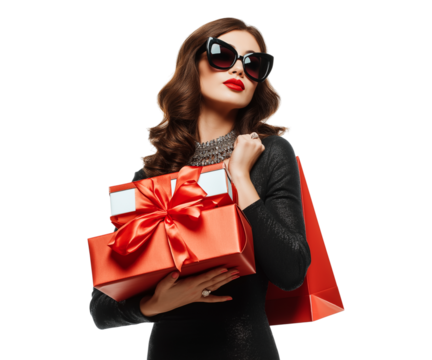 Elegant young woman in black dress carrying shopping bags isolated on a transparent background. perfect for black Friday sales discounts offers ad concept