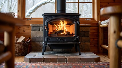 Cozy Cabin Interior with Wood Burning Stove Fireplace on a Winter Day creating a Warm and Inviting Atmosphere