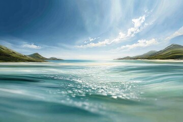 Tranquil coastal vista, sunlit waves lapping shoreline