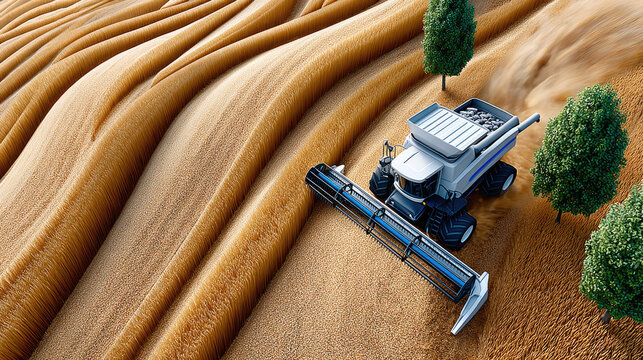 Agricultural tractor cutting wheat, generating dust plumes during harvesting, overhead perspective revealing farming landscape