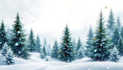 Obraz premium Winter landscape with snow covered ground and evergreen trees decorated with soft glowing lights evokes peaceful holiday mood