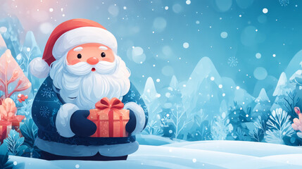 Happy New Year and Merry Christmas! Сute illustrations of cheerful Santa Claus with gifts in winter, greeting cards	
