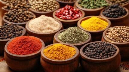 Fototapeta premium Variety of spices in wooden bowls