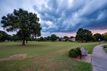 Parkland at dusk, storm clouds gather