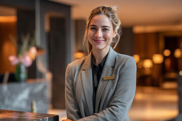 Professional female hotel manager standing confidently behind the reception desk in hotel lobby, warmly greeting guests with a friendly and professional welcome smile.