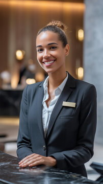 Professional female hotel manager standing confidently behind the reception desk in hotel lobby, warmly greeting guests with a friendly and professional welcome smile.