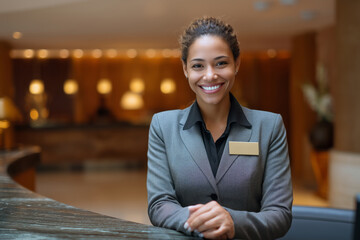 Professional female hotel manager standing confidently behind the reception desk in hotel lobby, warmly greeting guests with a friendly and professional welcome smile.