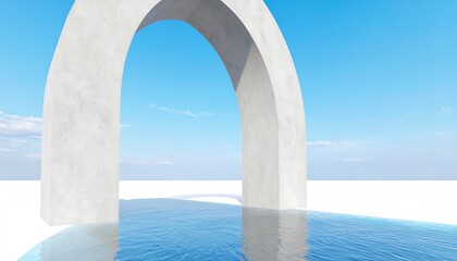 Minimalist archway reflected in still water against a clear blue sky