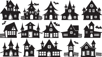 Fototapeta premium Collection of Spooky Haunted Houses Silhouettes for Halloween Decoration and Design