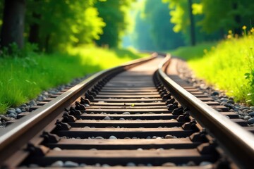 Fototapeta premium Serene Curving Railroad Tracks Through Lush Green Landscape Picturesque Railway Scene in Sunlight