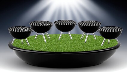Five black grills on green grass in a bowl